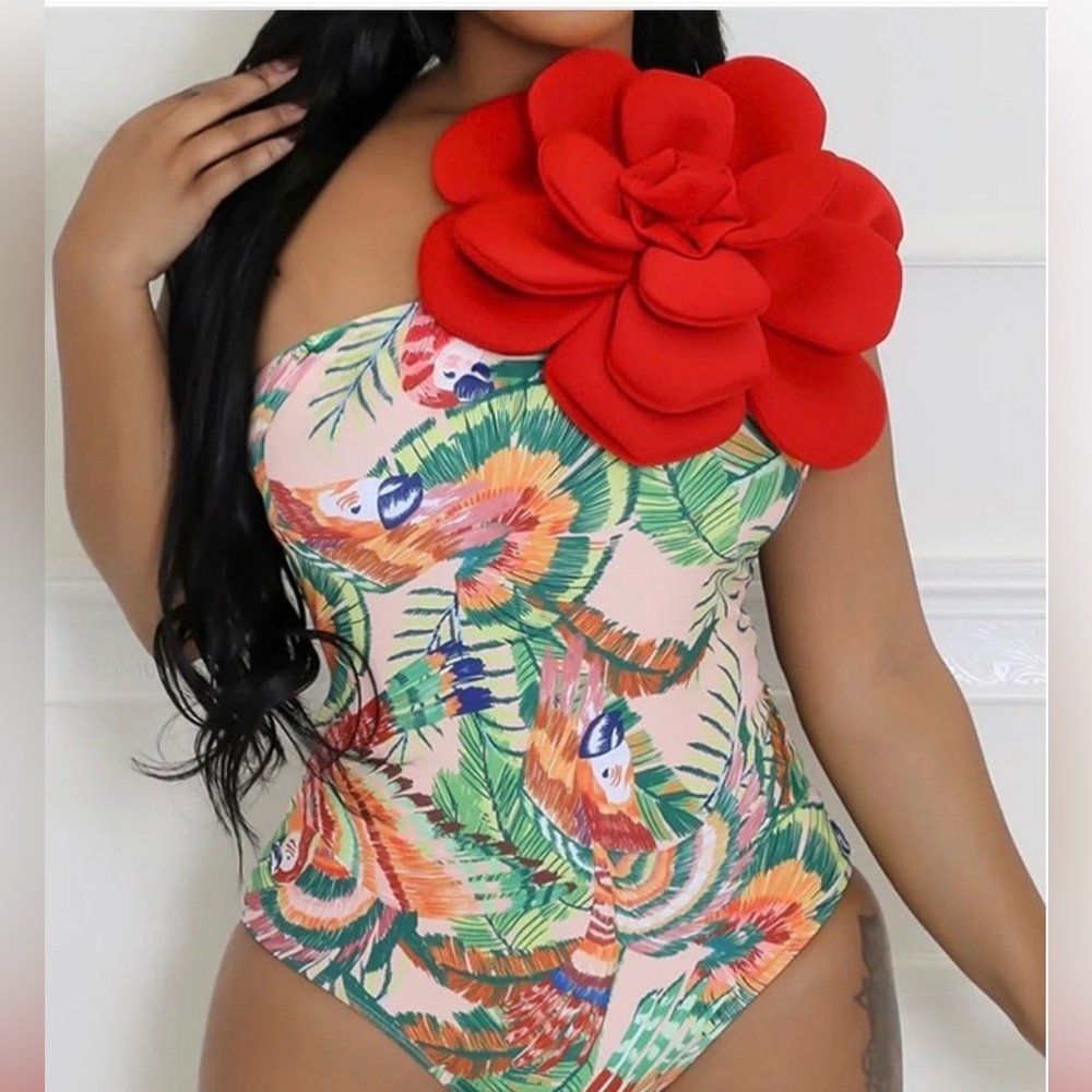 Floral Kids Swimwear with Red Accent